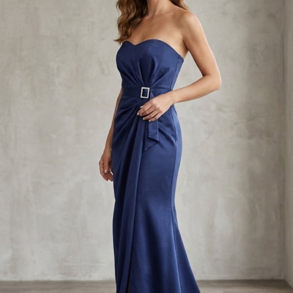 Bari Jay Strapless Navy Satin Formal Evening Gown Size 18 NWT